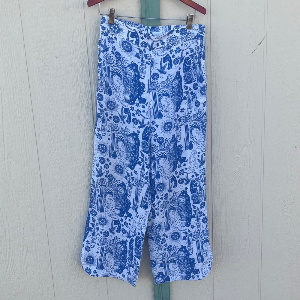 Cynthia Rowley Blue White Linen Blend Pants Size S Celestial Leopard Toile Sun